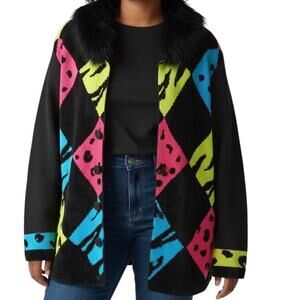 Jack B. Quick Vintage Graphic Knit Cardigan Jacket Faux Fur Trim Size 1X